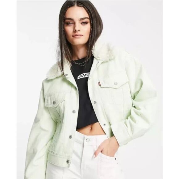 Levis Womens Cropped Corduroy Trucker Jacket Sherpa Lined Collar XS Mint Green - Picture 1 of 15